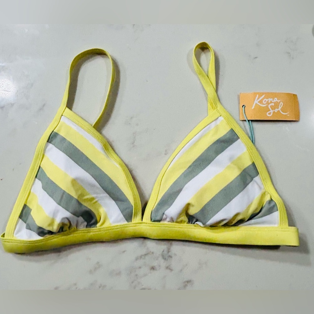 Kona Sol Bikini Top, Medium, Stripes Soft Yellow, Gray & White Adjustable Straps